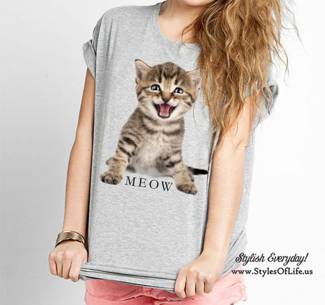 Kitten Shirt, Meow Cat, Baby Kitten Shirt, Womens Shirt, Boyfriend Style Tee, Funny Shirt for Women, Girls Cute Shirt, Cat Shirt