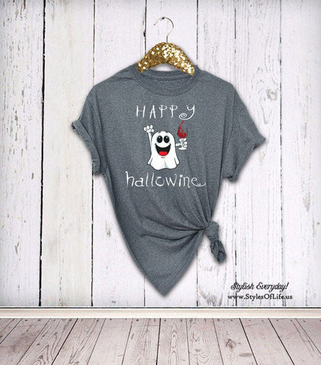 Happy Hallowine Shirt, Boyfriend Style Tee, Happy Halloween Shirt, Ghost Shirt, Womens Halloween Shirt, Scary Ghost Shirt