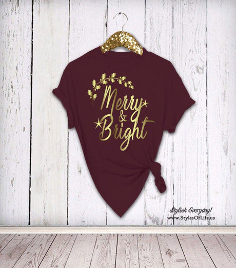 Merry And Bright Shirt, Christmas Shirt, Gold Foil, Shiny Christmas Shirt, Womens Shirt, Boyfriend Style Tee