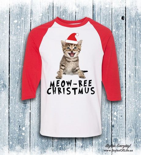 Kitty Raglan Shirt, Meow-ree Christmas, Kitten Christmas Shirt, Cat, Merry Christmas