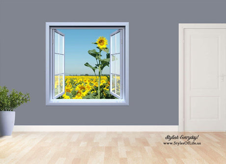 Open Window Wall Vinyl, Sunflower Field, Wall Decor, Wall Decal, Removable Vinyl