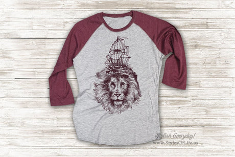 Lion Ship Shirt, Lion Jersey Shirt, Cute T Shirt, Raglan Tee, Burgandy Shirt, Womens Jersey, Boat Shirt, Ship