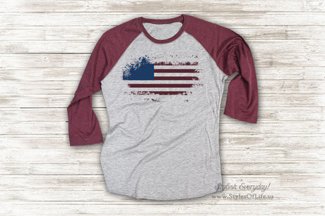 American Flag Shirt, Grunge, Cute T Shirt, Raglan Tee, Burgandy Shirt, Womens Jersey
