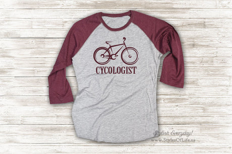 Cycologist Shirt, Biking Shirt, Bicycling Shirt, Cute T Shirt, Raglan Tee, Burgandy Shirt, Womens Jersey