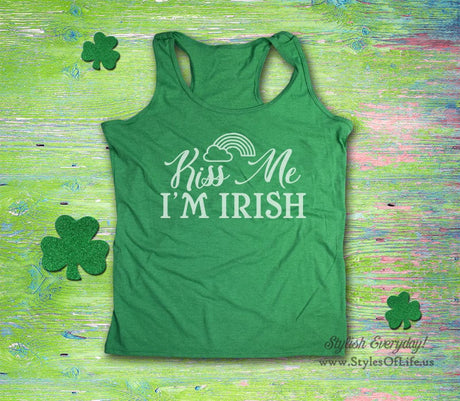 Women's St. Patricks Day Tank Top, Kiss Me I'm Irish, Rainbow, Irish Shirt, Shamrock, Green Shirt, Irish Tee, Funny