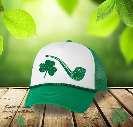 St. Patricks Day Hat, Shamrock And Pipe, Irish Hat, Shamrock, Green Hat, Irish Cap, Funny Irish Hat, Trucker Hat