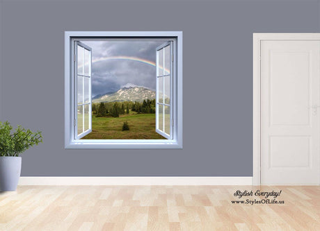 Open Window Wall Vinyl, Rainbow and Mountains, Wall Decor, Wall Decal, Removable Vinyl