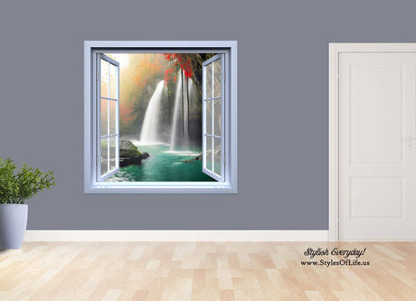 Open Window Wall Vinyl, Waterfall and Red Flowers, Wall Decor, Wall Decal, Removable Vinyl