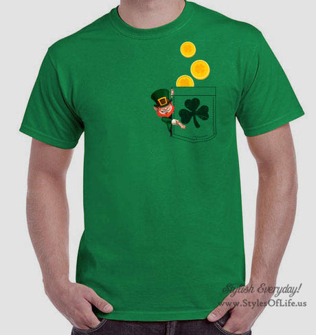 Men's St. Patricks Day Shirt, Pocket Leprechaun With Coins Dropping, Irish Shirt, Shamrock, Green Shirt, Irish Tee, Funny