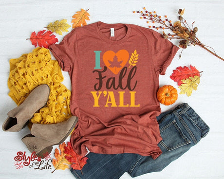 I Love Fall Y'all, Heart, Womens, Ladies, Shirt, Bella Canvas, Fall Collection, Cute Fall