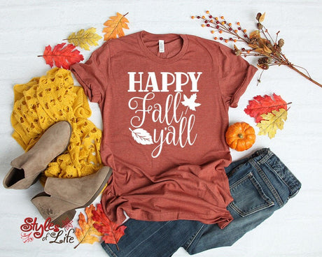 Happy Fall Yall, Leaves, White Text, Ladies, Shirt, Bella Canvas, Fall Collection, Leaf, Fall Flourish