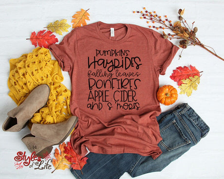 Pumpkins, Hayrides, Falling Leaves, Bonfires, Apple Cider, And Smores, Womens, Ladies, Shirt, Bella Canvas, Fall Collection, Cute Fall