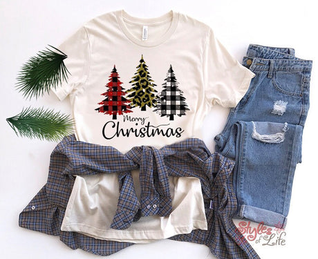 Merry Chirtmas, 3 Plaid Trees, Womens Christmas Shirt, Ladies, Shirt, Bella Canvas, Cute Fall, Thanksgiving