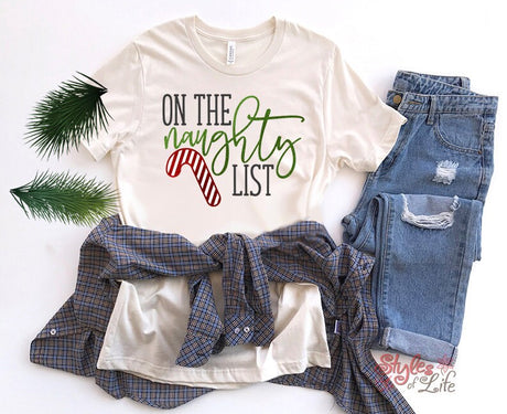 On The Naughty List, Candy Cane, Womens Christmas Shirt, Ladies, Shirt, Bella Canvas