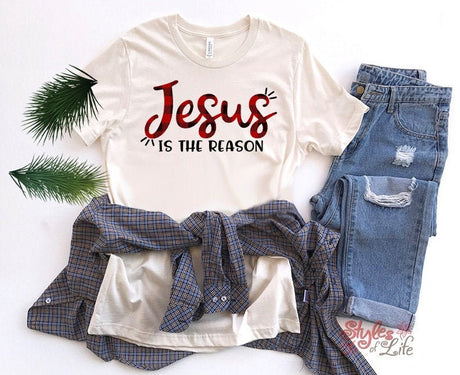 Jesus Is The Reason, Red Plaid, Womens Christmas Shirt, Ladies, Shirt, Bella Canvas, Christmas Party