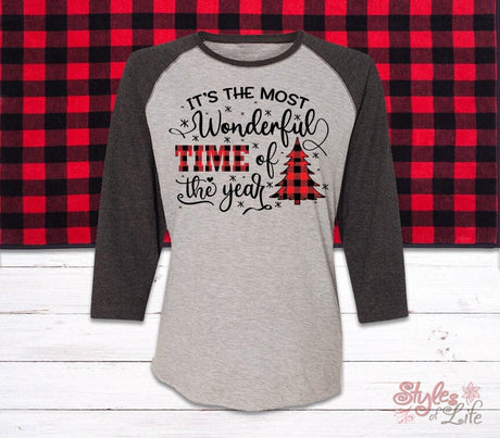 It's The Most Wonderful Time Of The Year, Red Plaid, Christmas Shirt, Jersey Shirt, Cute T Shirt, Raglan Tee, Womens Jersey