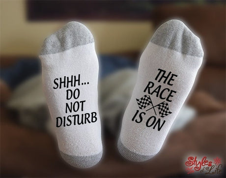 The Race is On Socks, Shhh Do Not Disturb, Gift For Him, Fathers Day Gift, Gift For Race Fan, Racing