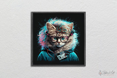 80's Retro Kitten Wearing Headphones and Glasses, Wall Decor, Poster