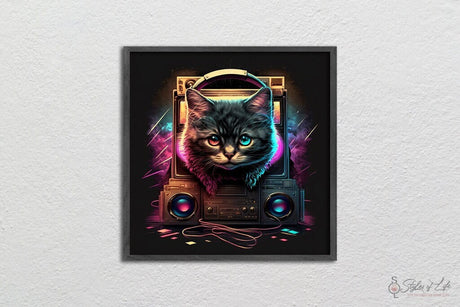 80's Retro Kitten Cat, Stereo and Headphones, Wall Decor, Poster