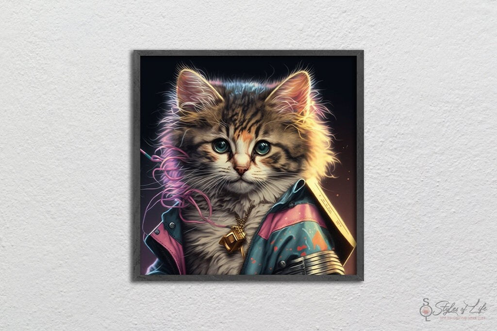 80's Retro Kitten Cat, Gold Chain, Pink & Teal Outfit, Wall Decor, Poster
