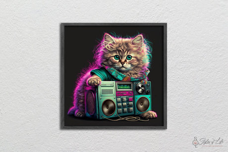 80's Retro Kitten Cat, Stereo, Pink & Teal Color, Wall Decor, Poster