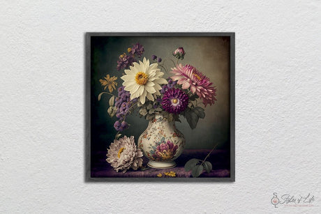 Purple Botanical Vintage Flower In Vase, Dark Background, Wall Decor, Poster