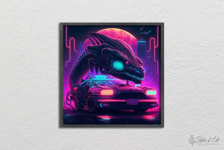 Alien Retrowave With Car, Synthwave, Wall Decor, Poster