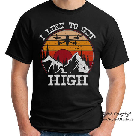 FPV Drone Shirt, I Like To Get High, Mountains, Retro Wave, Sunset, Drone Gift